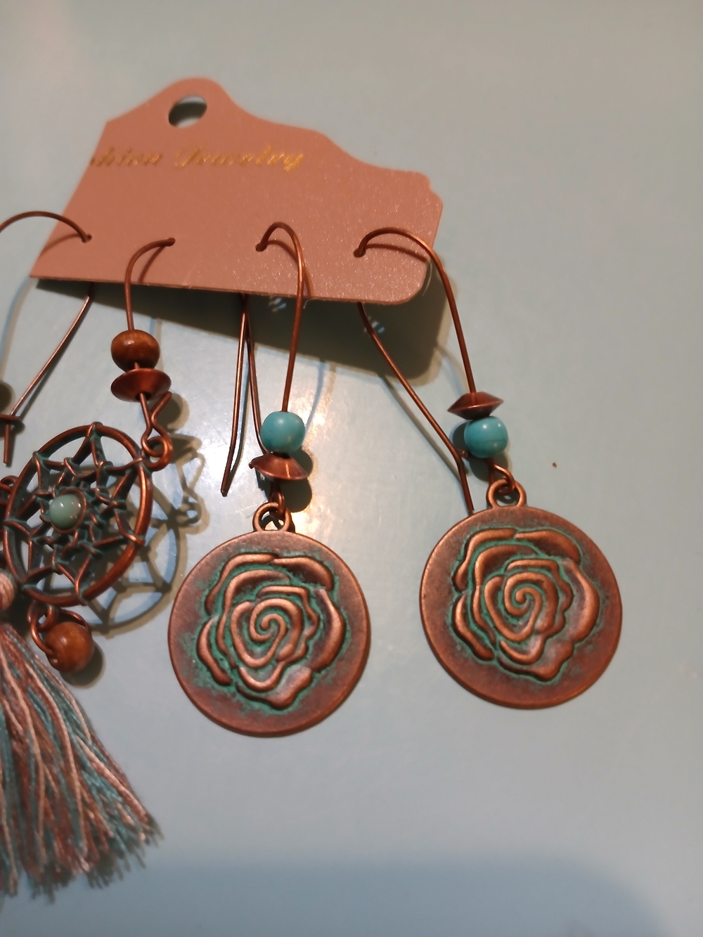 Boho Copper & Turquoise Dreamcatcher and Rose Drop Earrings - Set of 2 - Picture 3 of 3